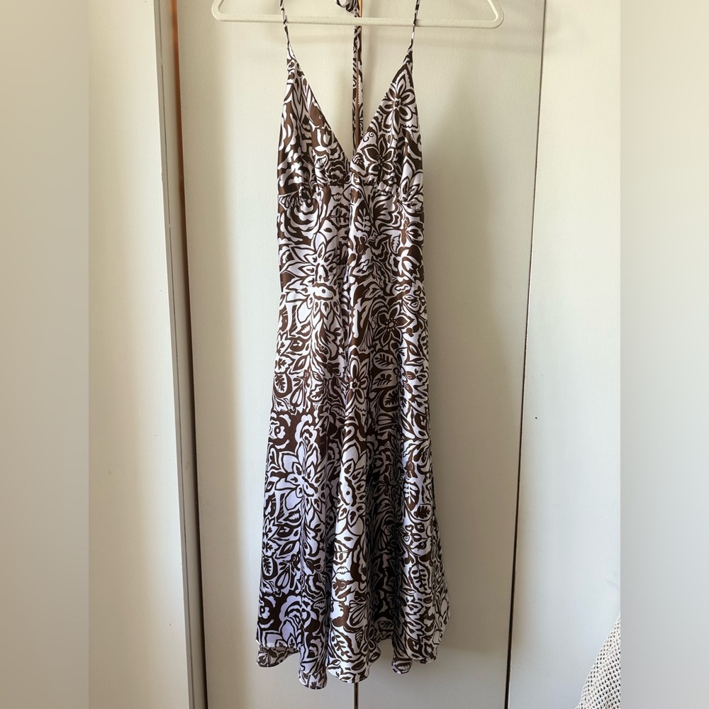 Vintage Y2K 2000s Alyn Paige Brown and White Floral Halter Mini-Midi Dress